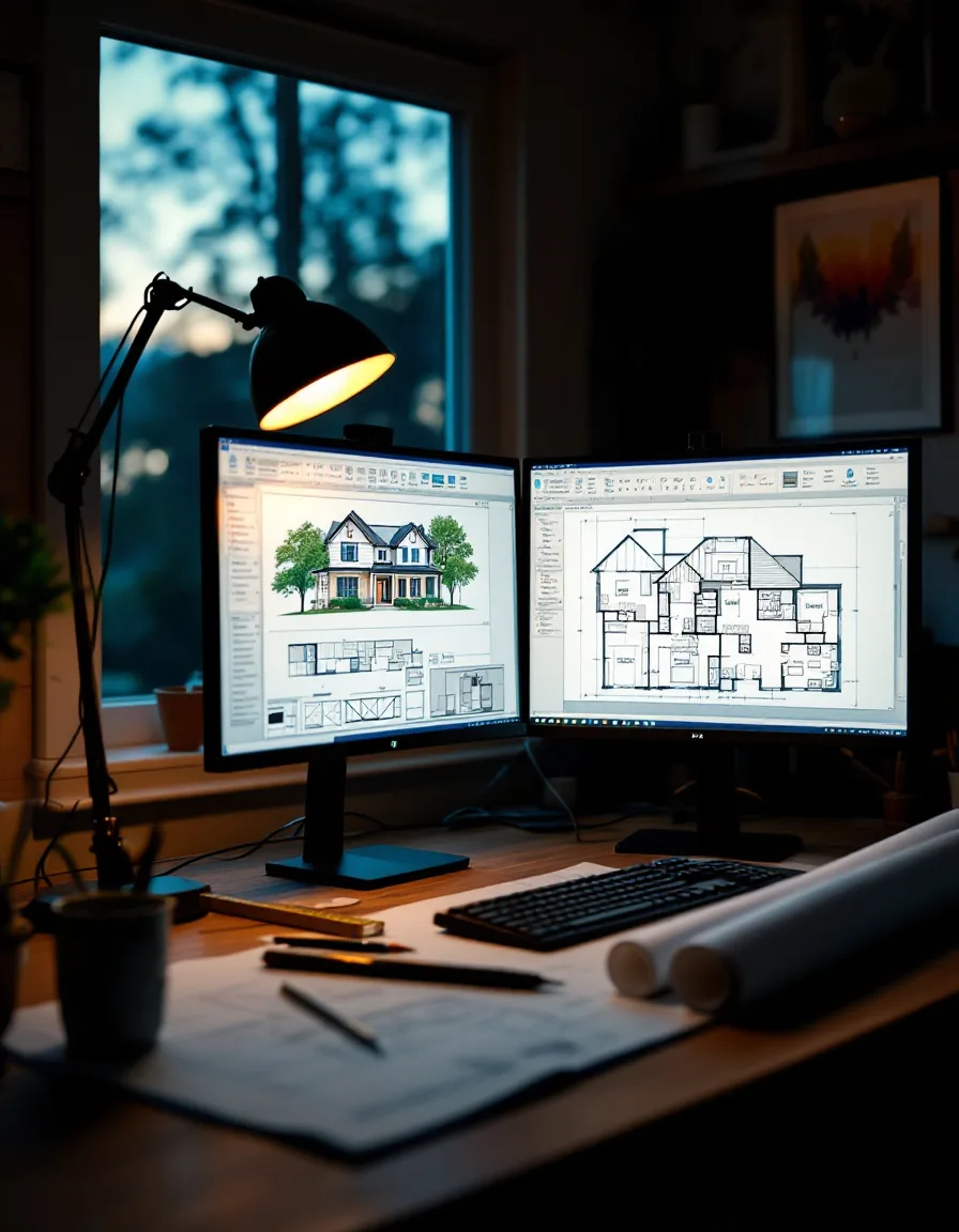 A drafting desk at dusk with a residential floor plan on screen, rolled drawings, and a scale ruler under warm lamplight