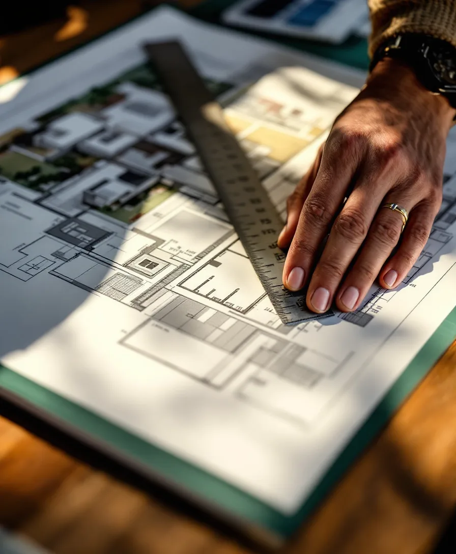 Hands measuring a printed construction drawing with a scale ruler and pencil