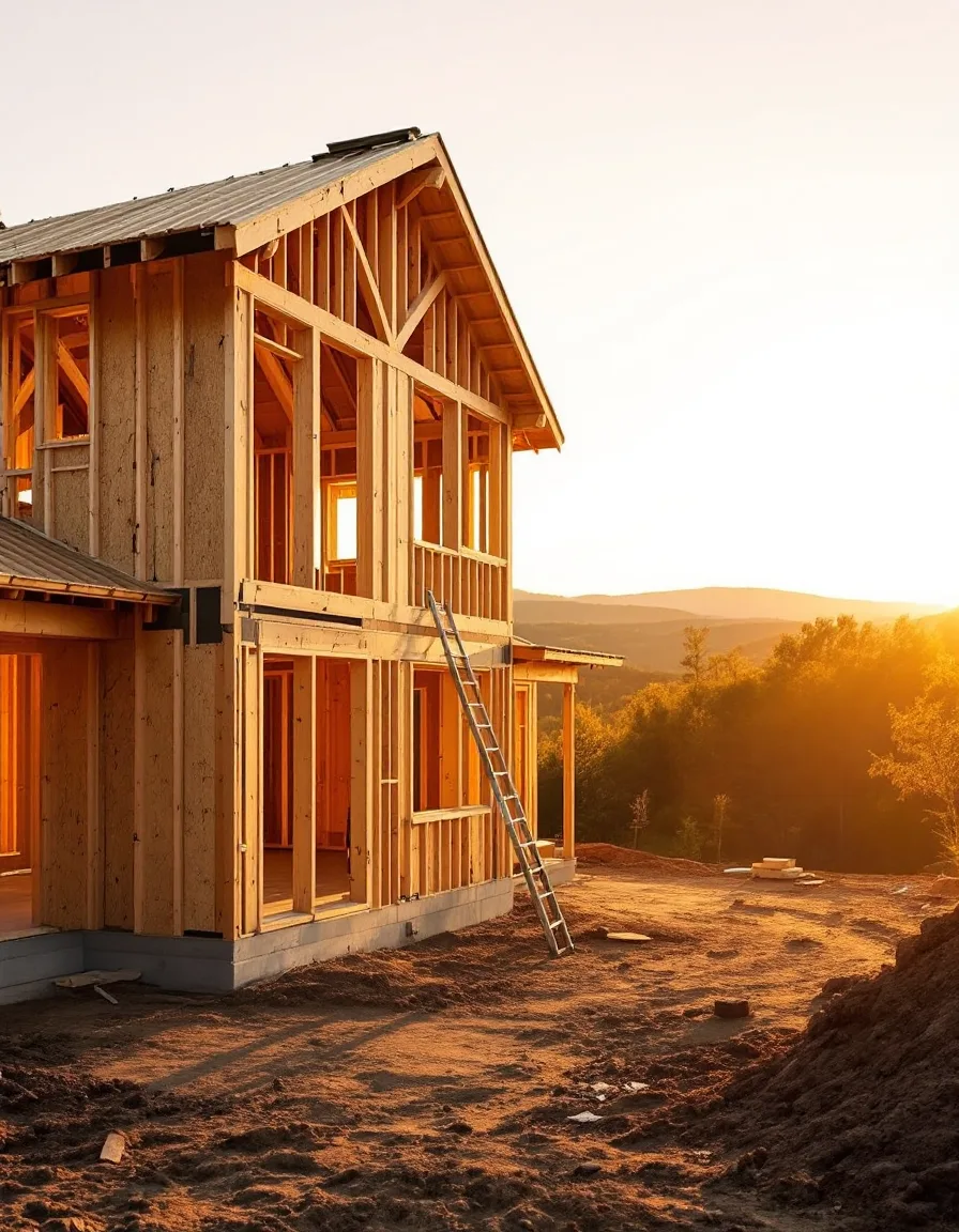 A wood-framed residential home under construction at golden hour, warm light raking across the stud walls