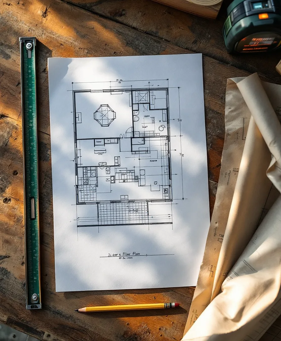 A hand sketch on graph paper, a laser measure, a steel tape and a curled old blueprint on a plywood workbench